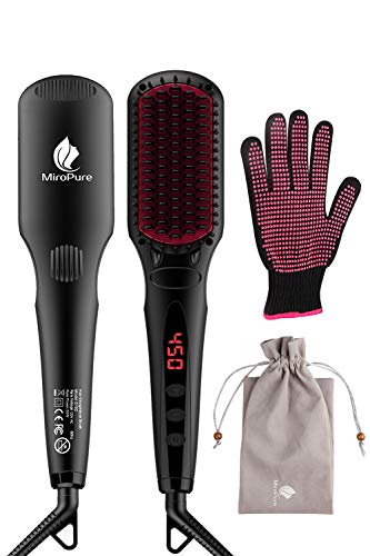 Enhanced Hair Straightener Brush by MiroPure, 2-in-1 Ionic Straightening Brush with Anti-Scald Feature, Auto Temperature Lock & Auto-Off Function (Black)