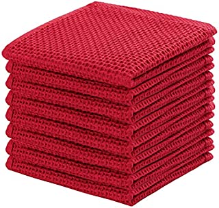 100% Cotton Kitchen Dish Cloths, 8-Pack Waffle Weave Ultra Soft Absorbent Dish Towels Washcloths Quick Drying Dish Rags, 12x12 Inches, Red