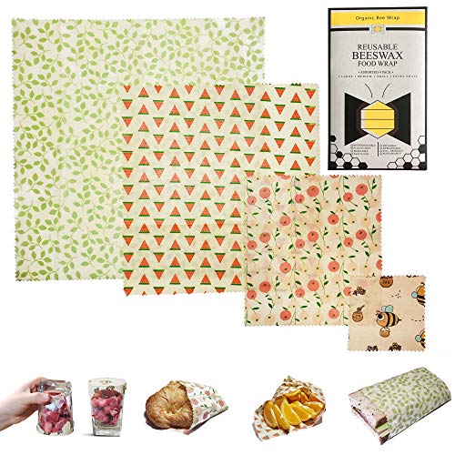 Reusable Beeswax Food Wrap by Organic Bee Wrap 4 Pack - 1 Extra Small, 1 Small, 1 Medium, 1 Large Beeswax Food Wraps Eco Friendly Reusable Food Wraps - Alternative to Plastic & Biodegradable