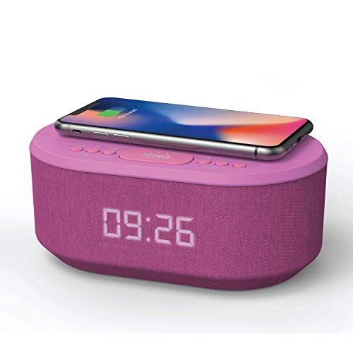 Bedside Radio Alarm Clock with USB Charger, Bluetooth Speaker, QI Wireless Charging, Dual Alarm & Dimmable LED Display (Purple)
