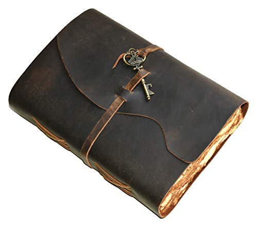 Leather Journal - Vintage Leather Bound Journal For Women Men Handmade Vintage Deckle Edge Paper Vintage Key Closure - Book of Shadows -Leather Sketchbook (Chocolate Brown, 13 inches X 8 inches)