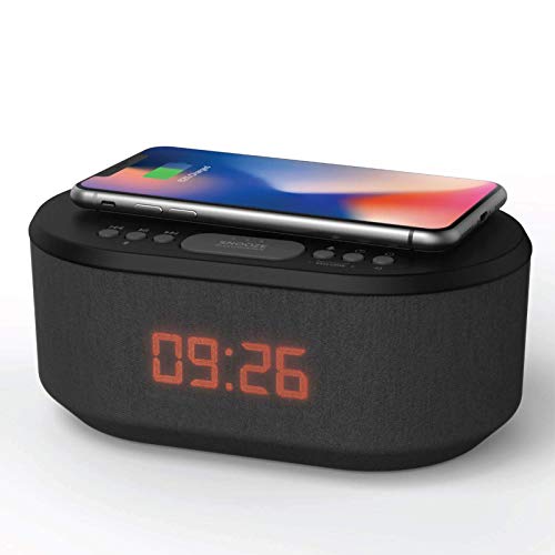Bedside Radio Alarm Clock with USB Charger, Bluetooth Speaker, QI Wireless Charging, Dual Alarm Dimmable LED Display (Black)