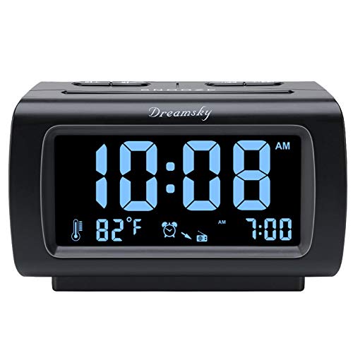 DreamSky Digital Alarm Clock Radio FM with USB Port for Charging, 1.2 Inch Blue Digit Display with 0%-100% Dimmer, Temperature, Snooze, Adjustable Alarm Volume, Sleep Timer, 12/24H
