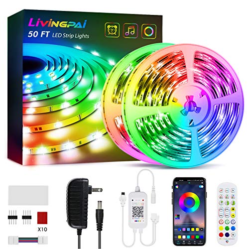 50ft Led Strip Lights, Livingpai Color Changing LED Light Strips with Music Sync, Remote, Built-in Mic, Bluetooth App Control, RGB LED Lights for Bedroom, Party, Kitchen, TV, Home