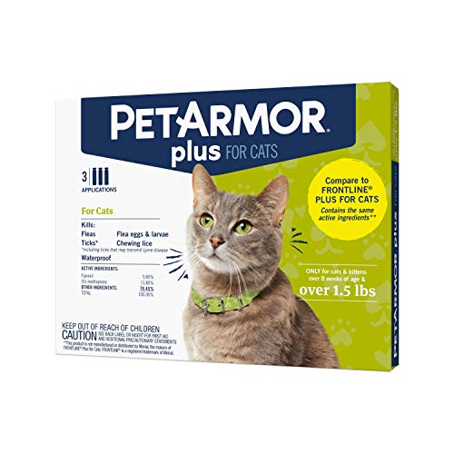 PetArmor Plus Flea & Tick Prevention for Cats with Fipronil (Over 1.5 lb), Waterproof & Fast-Acting Topical Cat Flea Treatment, 3 Month Supply (05309)