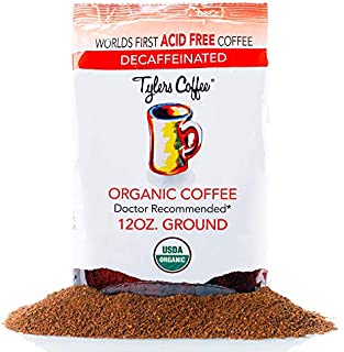Tylers No Acid Organic Ground Coffee - 100% Arabica Full Flavor Decaf - Neutral pH - No Bitter Aftertaste - Gentle on Digestion, Reduce Acid Reflux - Protect Teeth Enamel - For No Acid Diets - 12 oz