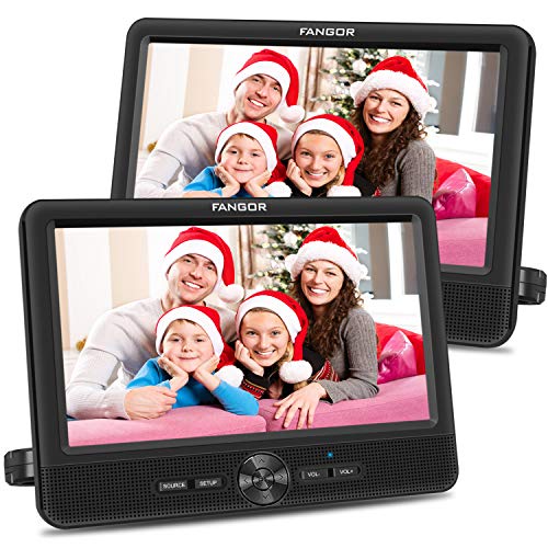 FANGOR 10 Dual Car DVD Player Portable Headrest CD Players with 2 Mounting Brackets, 5 Hours Rechargeable Battery, Last Memory, Free Regions, USB/SD Card Reader, AV Out&in ( 1 Player + 1 Screen )