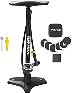 Vibrelli Bike Floor Pump with Gauge & Puncture Kit - 160 PSI - Presta Valve Bike Pump Switches to Schrader - High Pressure Bicycle Pump