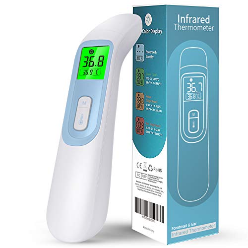 Infrared Forehead Thermometer for Adults, ELERA Non-Contact Forehead & Ear Digital Thermometer for Baby Kids and Home use, 1s Measurement and 4 Color Backlight Display with Fever Indicator