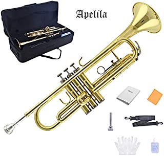 Apelila Gold Trumpet Brass Standard Bb Trumpet-Student Beginner with Hard Case,Gloves,Mouthpiece,Soft Cleaning Cloth,Strap,and Valve Oil