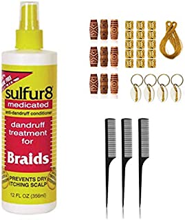 Sulfur 8 Braid Spray 12oz (Including 3 pc Rat Bone Tail Comb Set & 25 Piece Hair Accessories Jewelry Dreadlocks Beads Hair Braiding Rings Pendant Charms) Sulfur 8 Anti-Dandruff Hair Accessory Kit