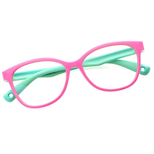Kids Blue Light Blocking Glasses TPEE Rubber Flexible Frame With Glasses Rope, for Children Age 3-12 (Pink/Green)