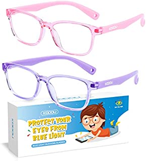 KDDOU 2 Pack Blue Light Blocking Glasses for Kids Ages 3-10, Computer Video Gaming Bluelight Blocker Glasses for Girls & Boys, Anti Blue Light & Eyestrain & Headache (Pink+ Purple)