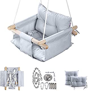 Canvas Baby Swing by Cateam - Gray - Wooden Hanging Swing Seat Chair for Baby with Safety Belt and mounting Hardware. Baby Hammock Chair Birthday Gift.