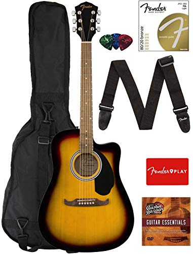 Fender FA-125CE Dreadnought Cutaway Acoustic-Electric Guitar - Sunburst Bundle with Gig Bag, Strap, Strings, Picks, Fender Play Online Lessons, and Austin Bazaar Instructional DVD