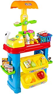 Hey! Play! Kids Grocery Store Selling Stand Supermarket Playset with Toy Cash Register, Scanner, Play Money, Shopping Basket & 28 Pieces of Food, Brown/a (80-TK090477)