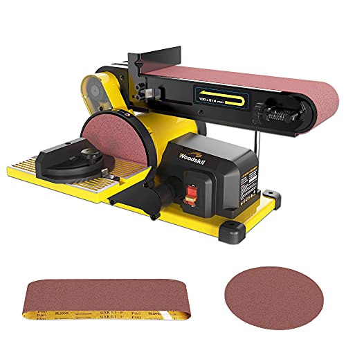 Woodskil 4.3A 3/4HP Belt Sander 4 x 36 in. Belt & 6 in. Disc Sander with 2Pcs Sandpapers Steel Base & Aluminum Work Table, Induction Motor Provides Up to 3600 RPM, Double Dust Exhaust Port Included