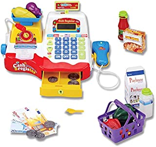 Supermarket Cash Register with Checkout Scanner, Weight Scale, Microphone, Calculator, Play Money and Food Shopping Playset for kids