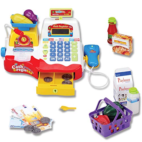 Supermarket Cash Register with Checkout Scanner, Weight Scale, Microphone, Calculator, Play Money and Food Shopping Playset for kids