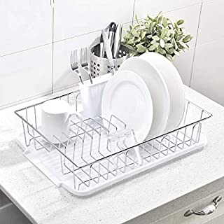 CASILVON Dish Rack 1, Dish Drying Rack, Stainless Steel Small White Kitchen Organizer Storage Space Saver Dish Rack with Drainboard and Utensil Holder for Kitchen Counter Top