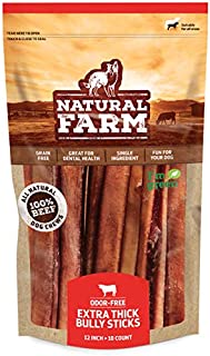 Natural Farm Bully Sticks 12-Inch Long (10 Pack) - Extra-Thick Dog Treats, Odor Free & Fully Digestible 100% Beef Treats, Supports Dental Health  Keep Your Dog Busy with 50% Longer Lasting Chews