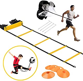 KIKILIVE Speed Agility Training Set, Exercise Equipment Kit for Soccer/Football- Premium Agility Ladder, Resistance Running Parachute, Sports Cones, Metal Pegs & Carrying Bag, Training Belt, Armband