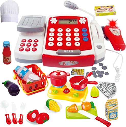 FUNERICA Toy Cash Register with Scanner - Microphone - Calculator - Play Pots and Pans - Cutting Play Food & Chef Hat | Play Restaurant/Grocery/Supermarket Cashier Toy