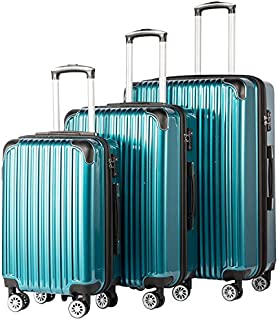 Coolife Luggage Expandable 3 Piece Sets PC+ABS Spinner Suitcase 20 inch 24 inch 28 inch (green)