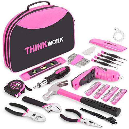 THINKWORK 122-Piece Pink Tool Kit with 3.6V Rotatable Electric Screwdriver-Ladies Home Work Kit, Very Suitable for Gifts, Perfect for DIY, Daily Home Decoration