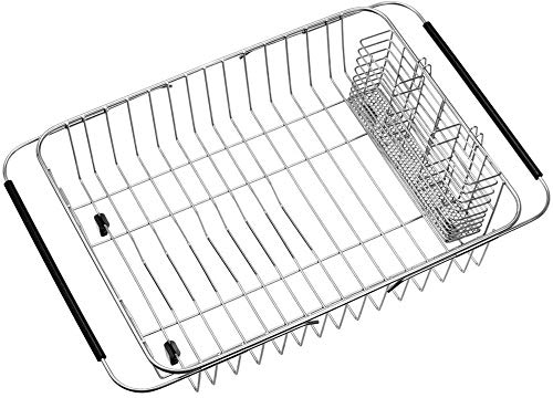 SANNO Dish Drying Rack with Stainless Steel Utensil Holder Large Dish Rack Drainer Drain Expandable Dish Rack Shelf Dish Rack in Sink or Over Sink or On Counter Rustproof Stainless Steel