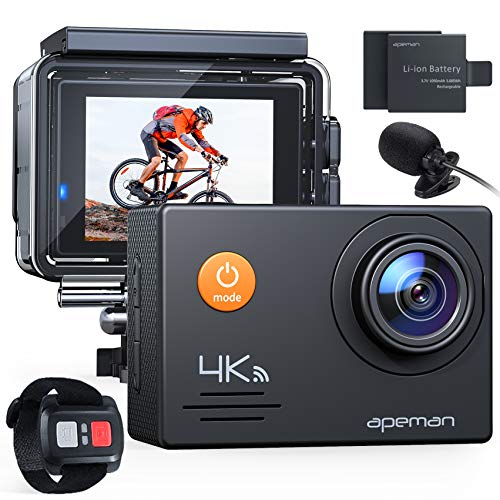 APEMAN A79 Action Camera 4K 20MP WiFi External Microphone 2.4G Remote Control Underwater Waterproof 40M Sports Vlog Webcam Camcorder with 2 Rechargeable Batteries and Accessories Kits