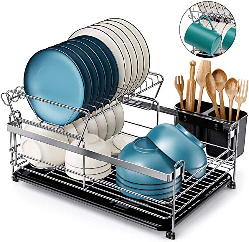 Homemaxs Dish Drying Rack,2021 Newest 2 Tier Small Kitchen Dish Rack and Drainboard Set, 304 Stainless Steel 17