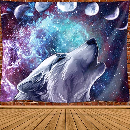 JOYSOG Wolf Tapestry Space Moon Tapestry Wall Hanging Wolves in Starry Night Sky Tapestries Galaxy Stardust Wall Tapestry for Bedroom Living Room Dorm - 80